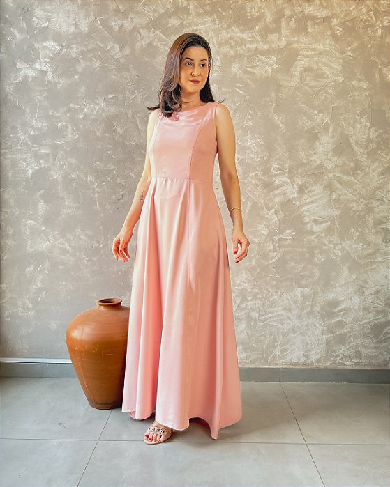 Vestido Longo Cavado Com Detalhe Em Franzido - Slim e Plus Size