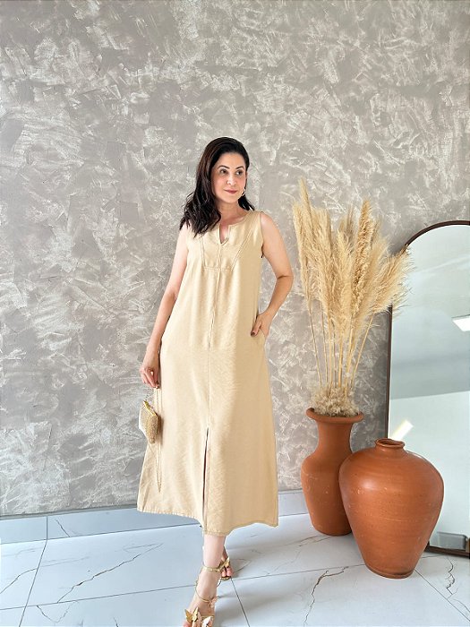 Vestido Regata Midi C/ Recorte No Decote, Fenda Frontal E Pesponto Em Cor - Slim e Plus Size