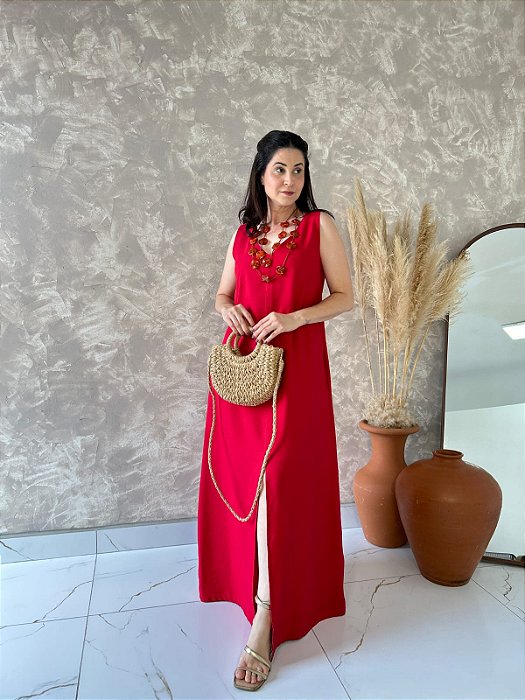 Vestido Regata Evasê Longo, Decote V Com Fenda Frontal E Botão Nas Cotas - Slim e Plus Size