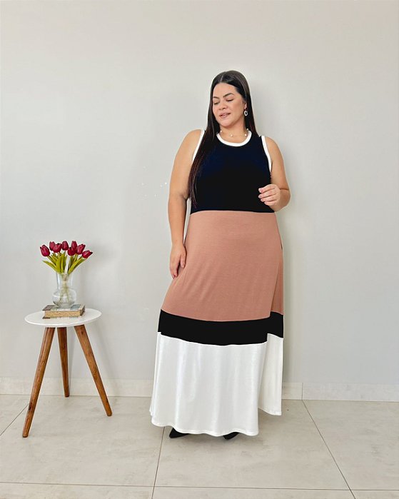 Vestido Regata Longo Com Detalhes Em Cores - Slim e Plus Size