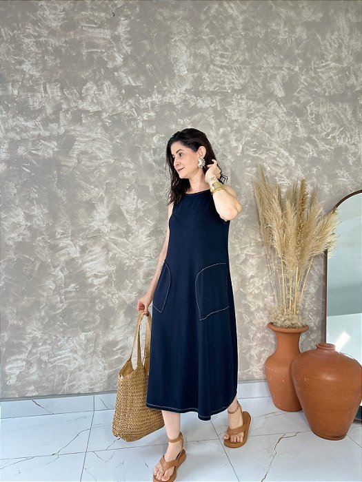 Vestido Regata Midi Com Bolsos Laterais Aparentes - Slim, Plus e ExPlus Size