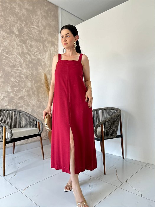 Vestido Longo, C/ Fenda Frontal E Decote Reto - Slim e Plus Size