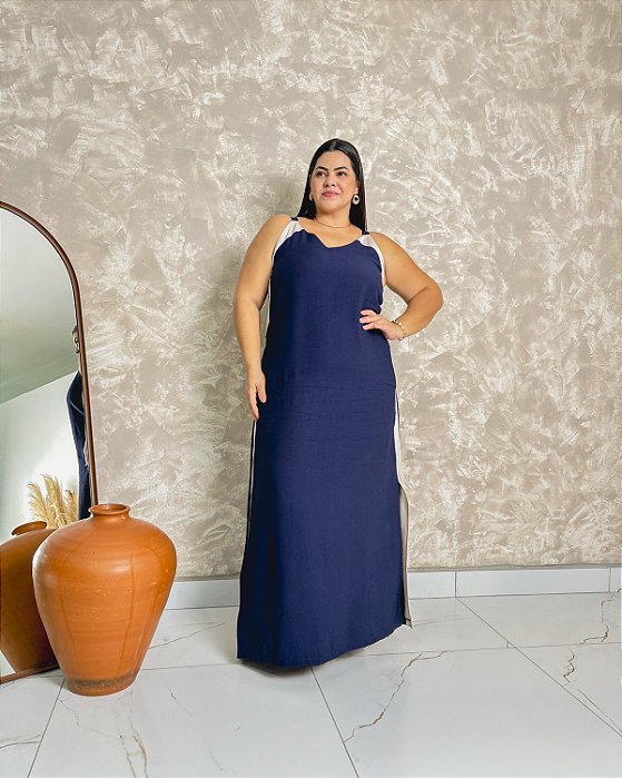 Vestido Longo Decote V Alças Largas Detalhes Em Cor E Fendas Laterais - Plus Size