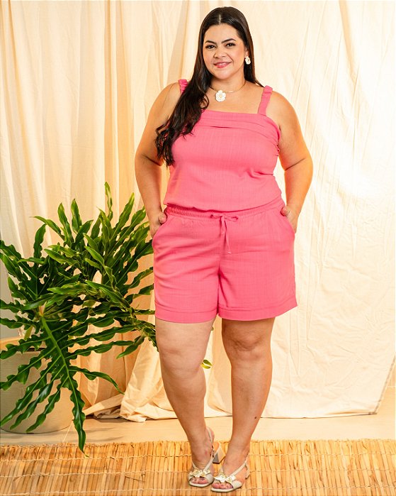 Conjunto: Blusa de Alça C/ Elástico E Detalhe No Busto, Short C/ Elástico No Cós Cordão Funcional - Plus Size