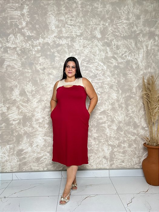 Vestido Cavado Midi C/ Detalhes Em Cor E Faixas E Fenda Laterais - Plus Size