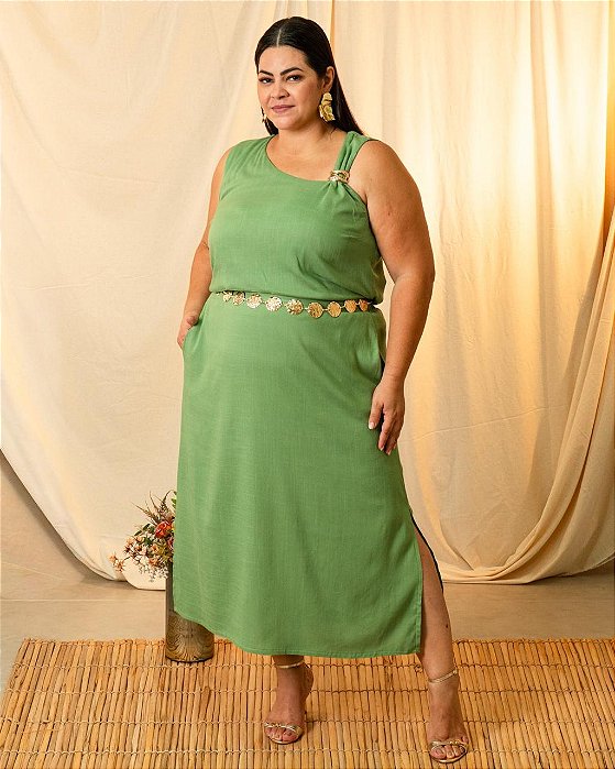 Conjunto: Blusa Regata C/ Decote Assimétrico, E Saia Midi Evasê C/ Bolsos Internos E Elástico No Cós - Plus Size