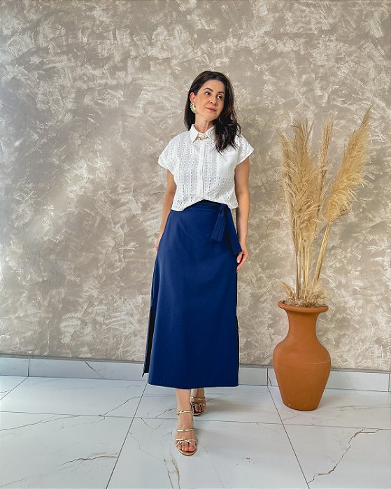 Saia Midi C/ Fendas Laterais, Elástico No Cós E Faixa Pespontada - Slim Size