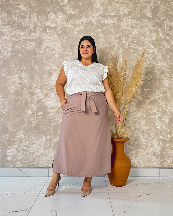 Saia Midi C/ Fendas Laterais, Elástico No Cós E Faixa Pespontada - Plus Size