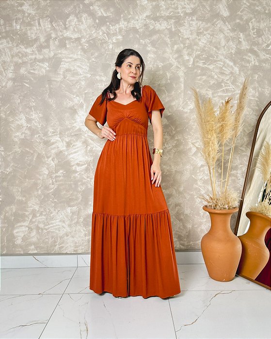 Vestido Longo Saia Com Babado, Lastex Nas Costas e Manga Cigana - Slim Size