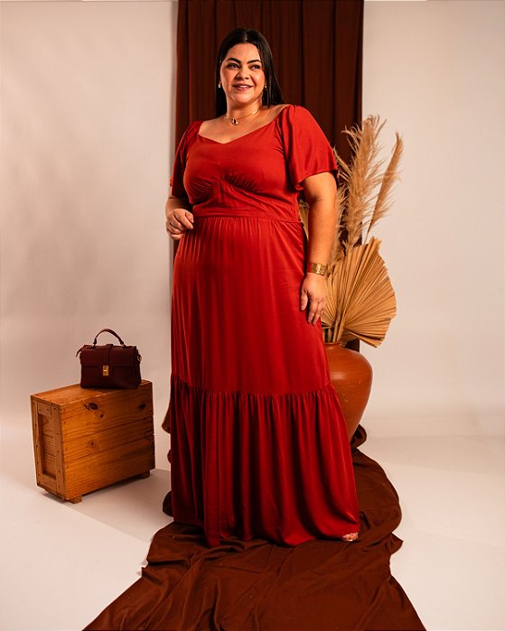 Vestido Longo Saia Com Babado, Lastex Nas Costas e Manga Cigana - Plus Size