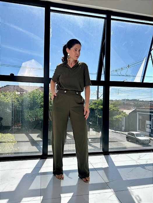 Conjunto: Blusa Manga Média C/ Patô E Gola, Calça Pantalona C/ Bolsos E Cós C/ Botões - Slim Size