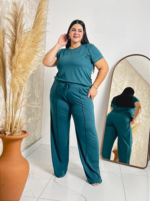 Conjunto: Blusa Manga Curta C/ Pespontado, Calça Reta Cós De Elástico Pespontada- Plus Size
