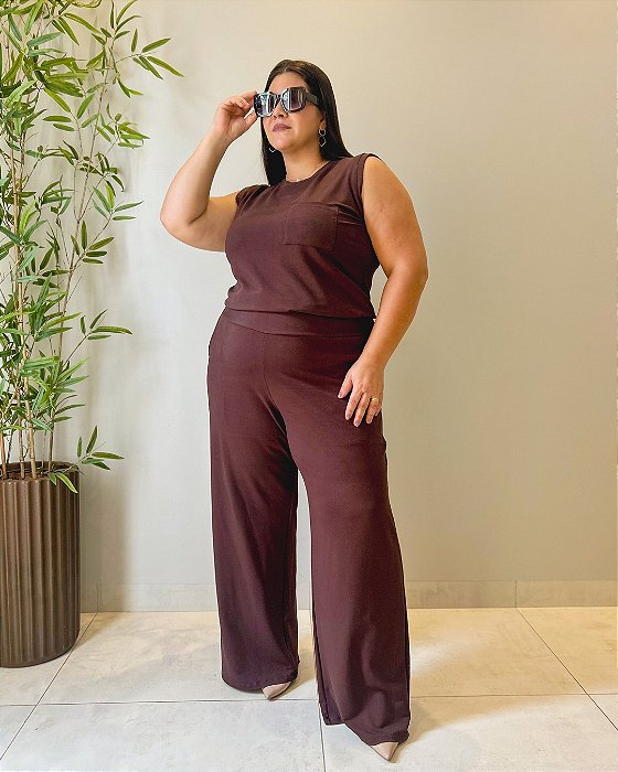 Conjunto Blusa S/ Manga C/ Bolso, Calça Pantalona C/ Bolsos, Cós C/ Elástico e Frente Lisa-Plus Size