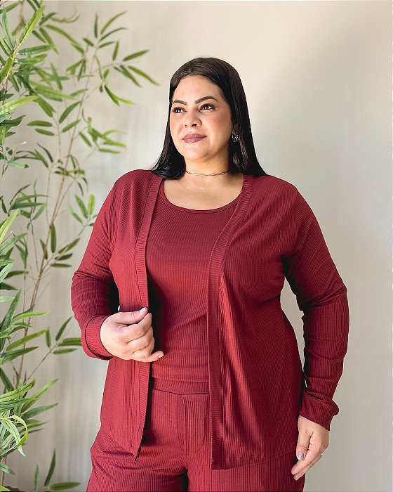 Cardigã Curto C/Acabamento De Punho Frente E Mangas-Plus Size