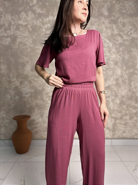 Conjunto Blusa Decote Canoa, Manga Sino E Botão, Calça Pantalona C/ Bolsos E Cós Franzido-Slim Size