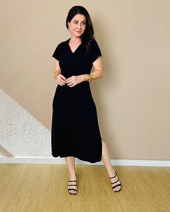 Vestido Midi, C/ Manga Dupla, C/Gola , Acabamento S/Botão E Fendas Laterais-Slim Size