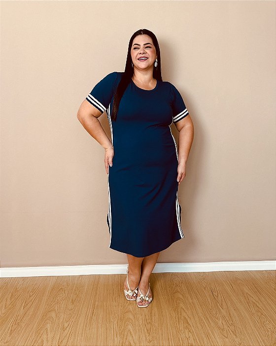 Vestido Midi, Manga Curta, C/Fendas Laterais, C/ 2 Faixas Nas Laterais E Nas Mangas-Plus Size