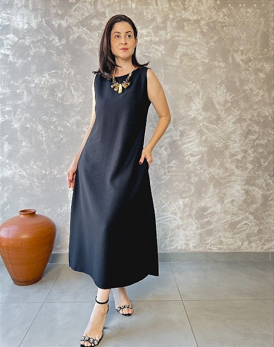 Vestido Midi Com Bolsos E Fendas Laterais C/ Detalhe Em Botão-Slim Size