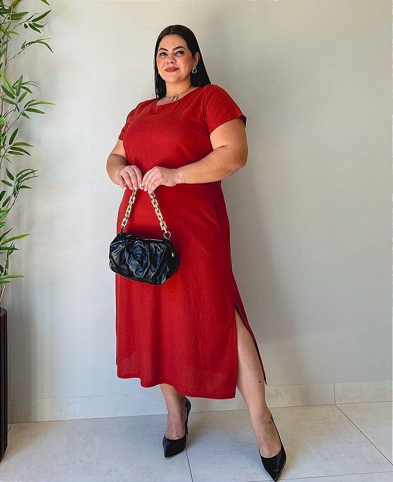 Vestido Midi Decote V Manga Curta Fendas Laterais E Botão Atrás-Plus Size