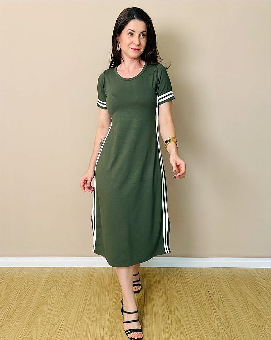 Vestido Midi, Manga Curta, Fendas Laterais, Duas Faixas Nas Laterais E Nas Mangas- Slim Size