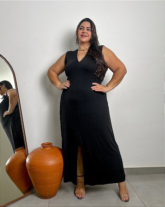 Vestido S/ Manga, Ombro Largo Decote Em V, Com Fenda Na Frente-Plus Size