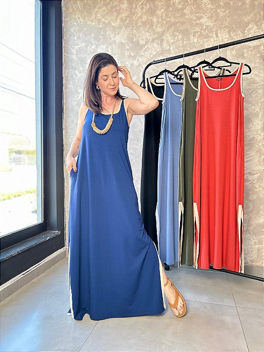 Vestido Regata Longo C/ Fendas Laterais E Punhos Em Cor-Plus Size