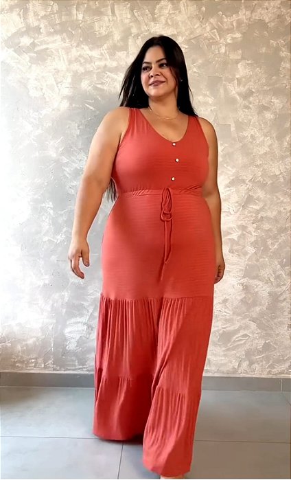 Vestido Regata Longo, 3 Marias Com Cordão E Botões -Plus Size