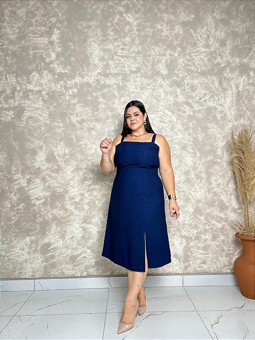 Vestido De Alça C/ Detalhe Princesa No Busto E Fenda Frontal -Plus Size