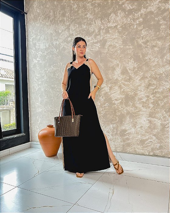 Vestido Longo Decote V Alças Largas Detalhes Em Cor E Fendas Laterais - Slim Size