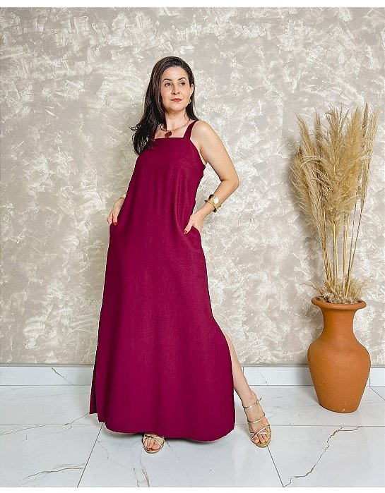 Vestido Decote Reto Alça Larga Fendas Laterais E Elástico Nas Costas-Slim Size