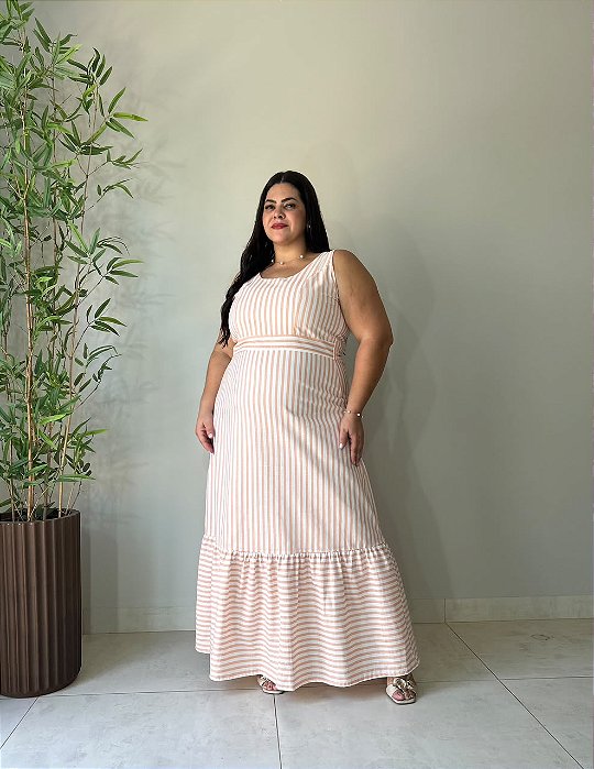 Vestido Regata Longo, Decote Redondo, C/ Recorte Princesa, Lástex Nas Costas E Saia Evasê-Plus Size