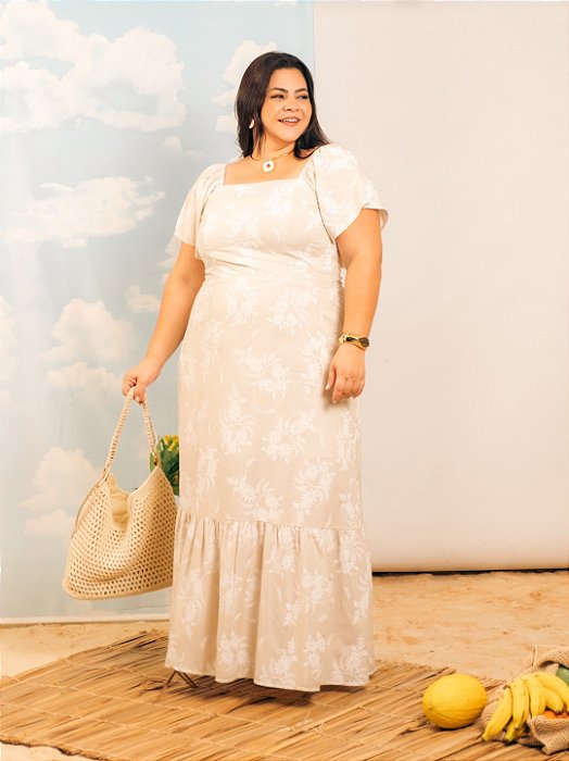 Vestido Decote Reto, Recorte Princesa, Manga Cigana E Lástex Nas Costas-Plus Size