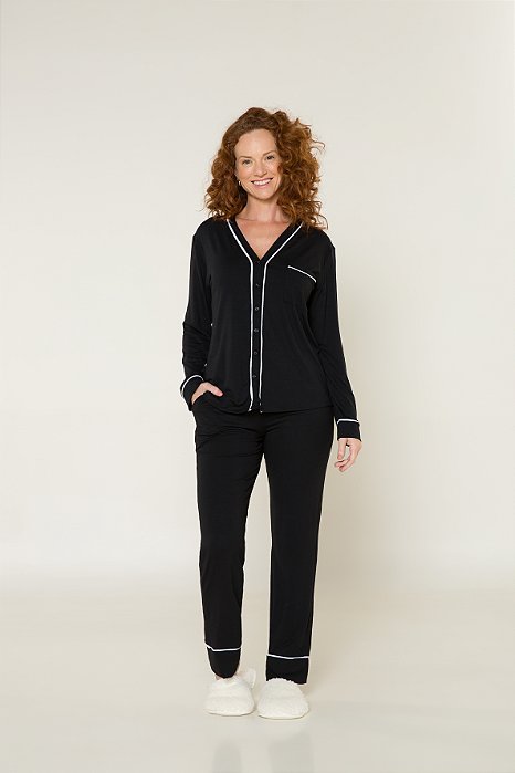 Pijama Camisaria Manga Longa Preto