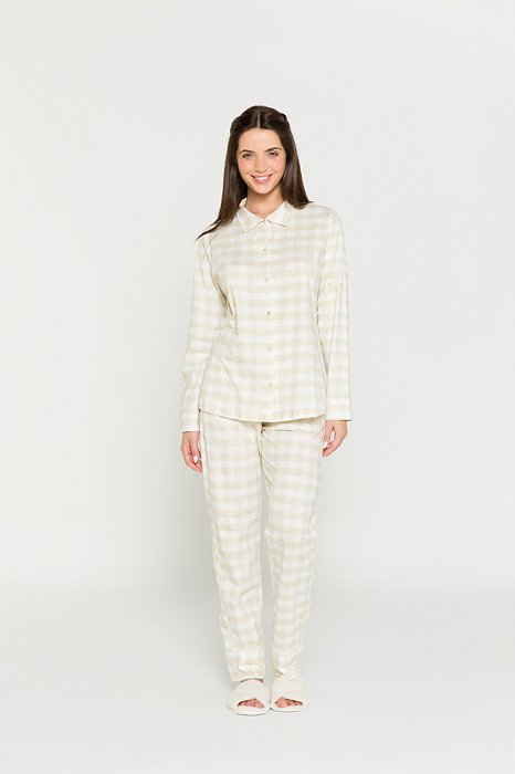 Pijama Camisaria Manga Longa Xadrez Areia