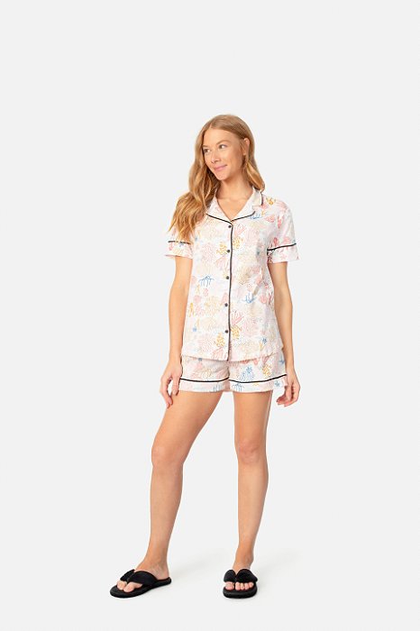 Pijama Camisaria Manga Curta Corais