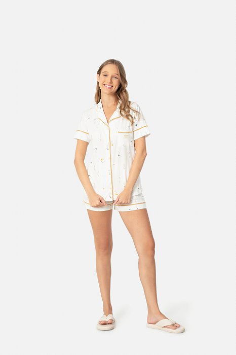 Pijama Camisaria Manga Curta Flor do Campo