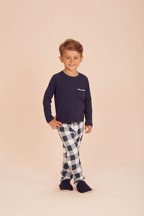 Pijama Infantil Xadrez Azul Marinho