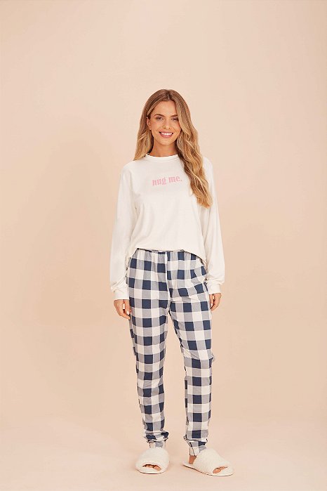 Pijama Manga Longa e Calça Hug Me Xadrez Azul Marinho