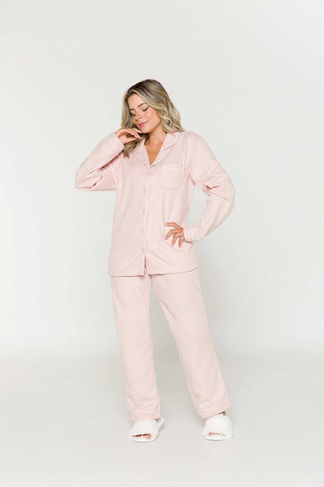 Pijama Camisaria Fleece Rosa Claro