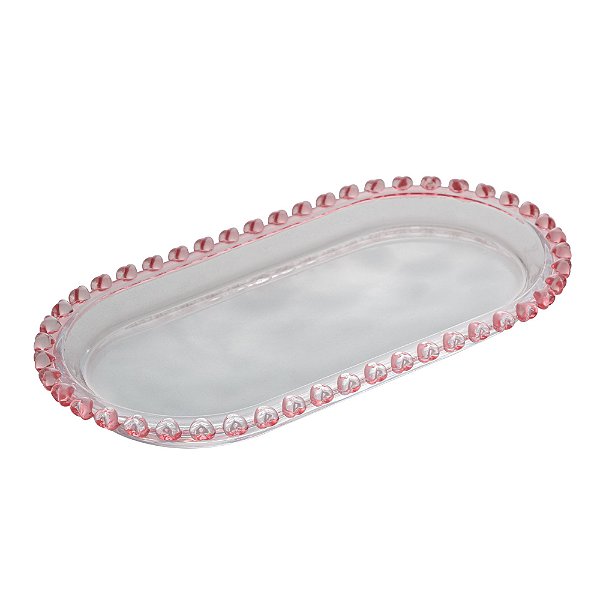 Travessa Oval de Cristal Coração Borda Rosa 25cm x 13cm x 2,5cm