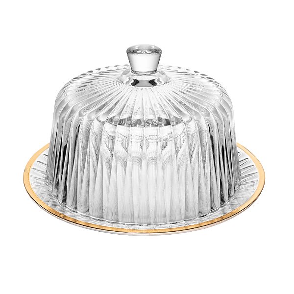 Queijeira de Cristal com Tampa e Fio de Ouro Radial 20x20x12,5cm - Lyor