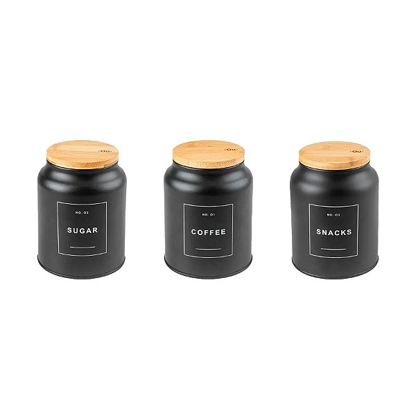 Kit com 3 Potes Coffee Snacks Sugar Sense Preto - OU