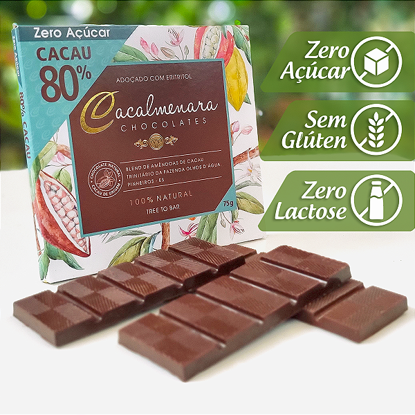Caixa de Chocolate 80% Cacau ZERO AÇÚCAR - 75g