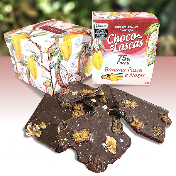 Lascas de Chocolate 75% Cacau com adição de Banana Passa e Nozes - 200g
