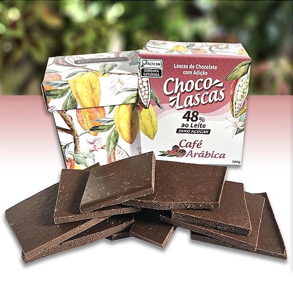 Lascas de Chocolate ao leite 48% Cacau ZERO AÇÚCAR, com adição de Café Arábica - 200g