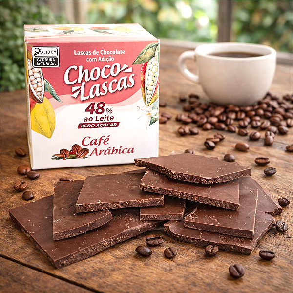 Lascas de Chocolate ao leite 48% Cacau ZERO AÇÚCAR, com adição de Café Arábica - 100g