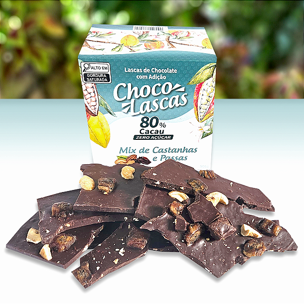 Lascas de Chocolate 80% Cacau ZERO AÇÚCAR, com Mix de Castanhas e Passas - 200g