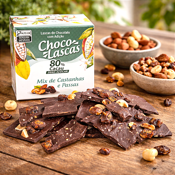 Lascas de Chocolate 80% Cacau ZERO AÇÚCAR, com Mix de Castanhas e Passas - 100g