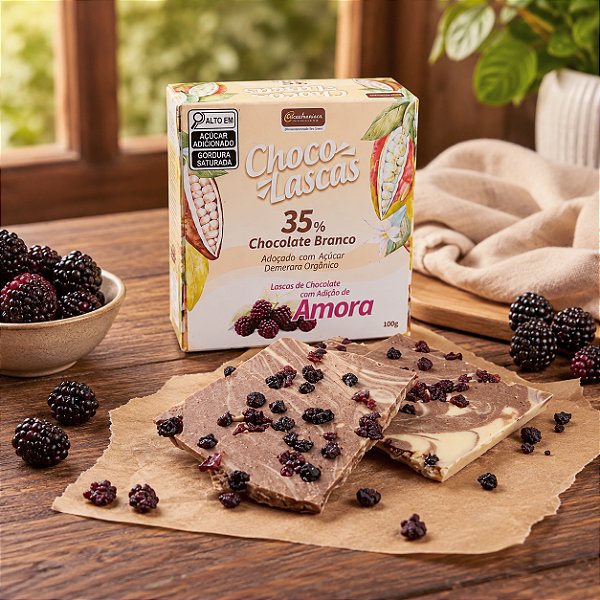 Lascas de Chocolate Branco 35% Cacau, com adição de Amora - 100g