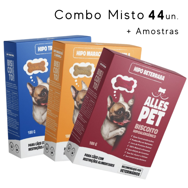Petisco Hipoalergênico CAIXA MISTA 180 gr (Combo 44 unidades + Amostras)